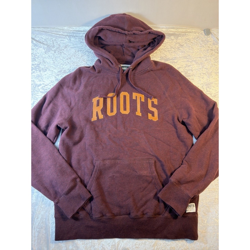 Roots Canada Hoodie Mens M Burgundy Spellout Applique Pullover Sweatshirt